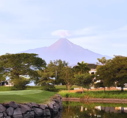 El Volcán de Colima visto desde un lago con palmeras